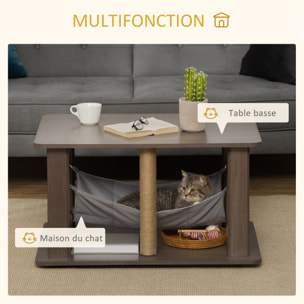 Table basse arbre à chat 2 en 1 - centre d'activités avec hamac, griffoirs - dim. 79L x 59l x 45,5H cm - polyester aspect bois gris