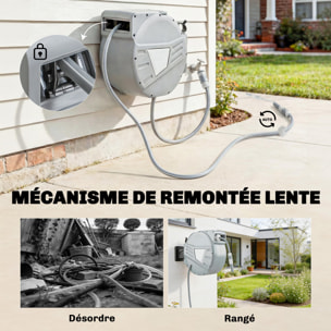 Dévidoir mural enrouleur automatique pivotant 180° tuyau 20 + 1,6 m avec lance arrosage 2 modes support mural intégré gris clair