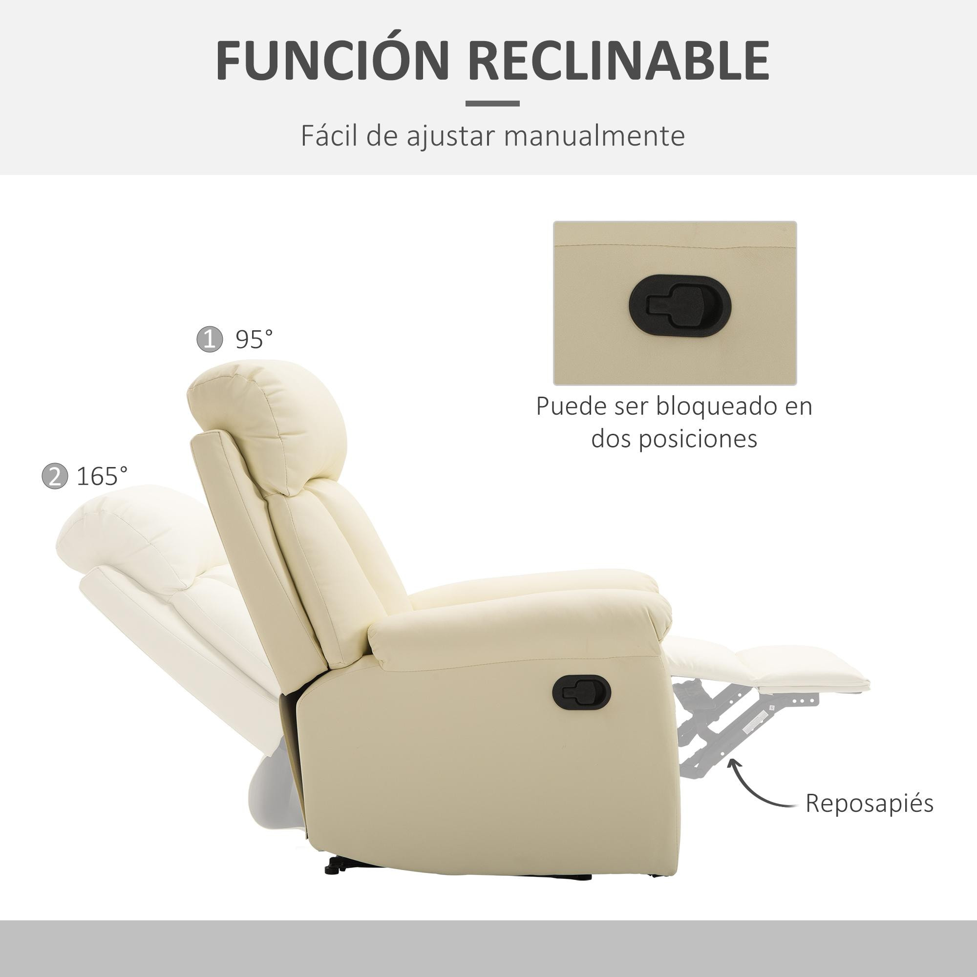 Sillón Relax Reclinable Tapizado en PU Butaca de Salón con Reposapiés Retráctil Respaldo Alto Resposabrazos y Asiento Acolchados Grueso 80x97x107 cm Blanco