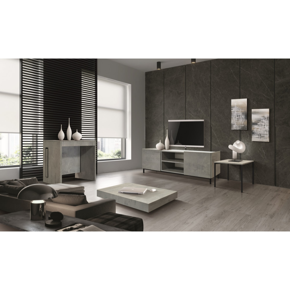 Tavolino CAMOGLI in legno, finitura in grigio cemento e metallo verniciato nero, trasformabile in tavolo da pranzo 120x80 cm - 220x80 cm altezza da 30 a 77 cm