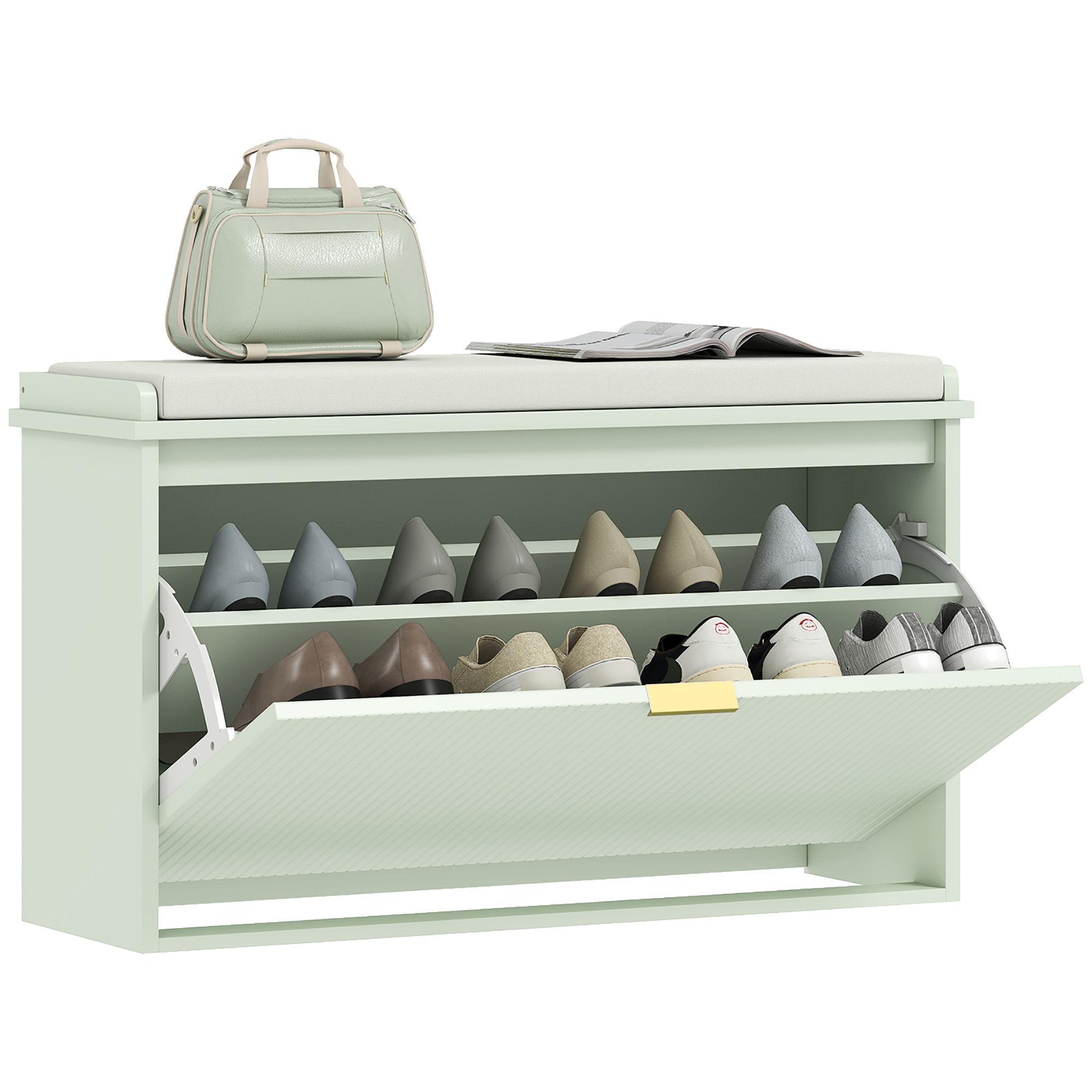 Banco Zapatero Estrecho, Banco Recibidor con Asiento Acolchado, Cajón Abatible y Estante Ajustable, para 8 Pares de Zapatos, para Entrada, Dormitorio, 80x26x47,5 cm, Verde Claro