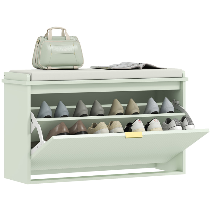 Banco Zapatero Estrecho, Banco Recibidor con Asiento Acolchado, Cajón Abatible y Estante Ajustable, para 8 Pares de Zapatos, para Entrada, Dormitorio, 80x26x47,5 cm, Verde Claro