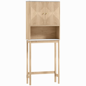 Meuble WC dessus de toilette style bois naturel effet marbre blanc 2 portes étagère niche