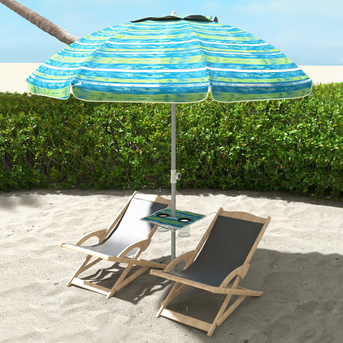 Sombrilla de Playa Ø190x215 cm Parasol para Terraza con Reclinación 45° Altura Ajustable Mesa con Portavasos Anti-UV Impermeable y Bolsa de Transporte para Jardín Piscina Multicolor