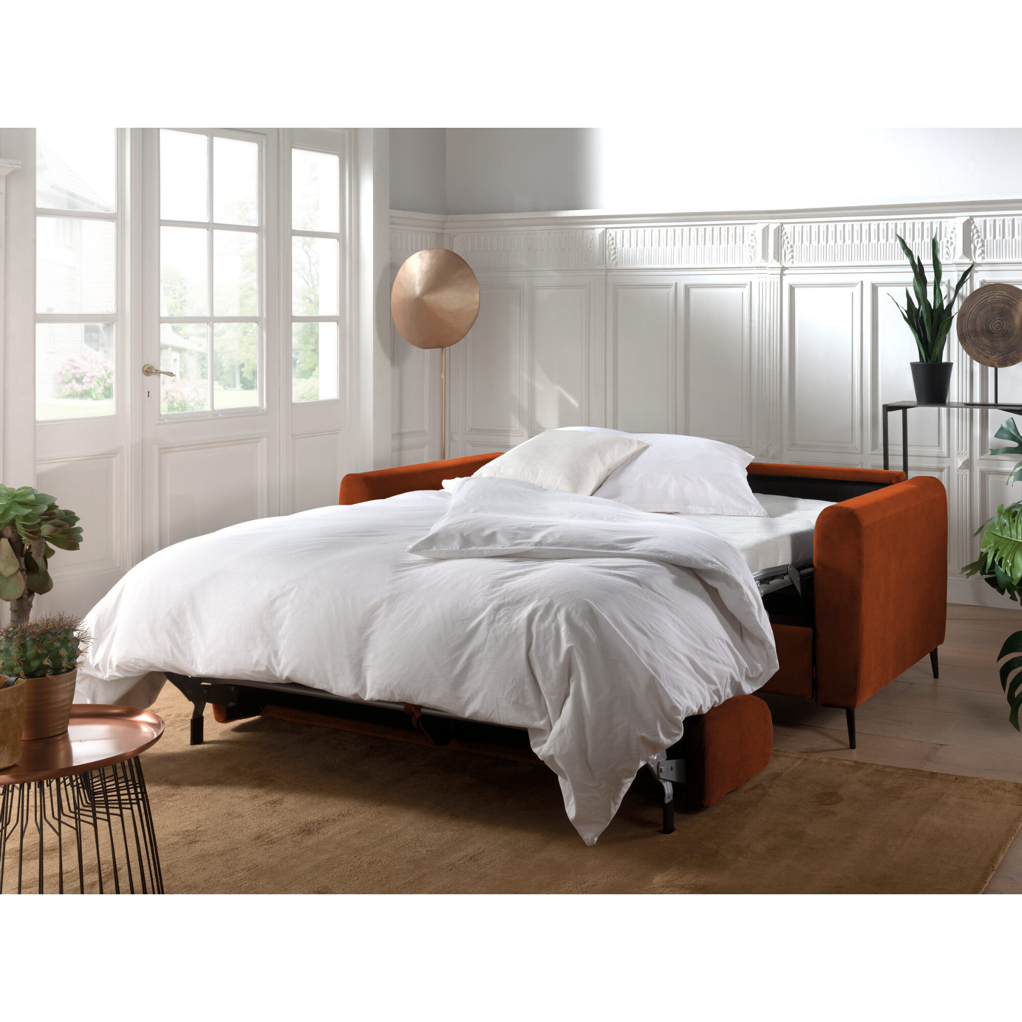 Owen - canapé lit 3 places convertible express couchage quotidien 140 cm matelas 12 cm en velours - Rouille