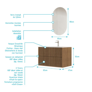 Meuble Salle de Bains YUKI 60 2 Tiroirs Décor Chêne et Noir - Vasque Blanche - Miroir Ovale 50x80