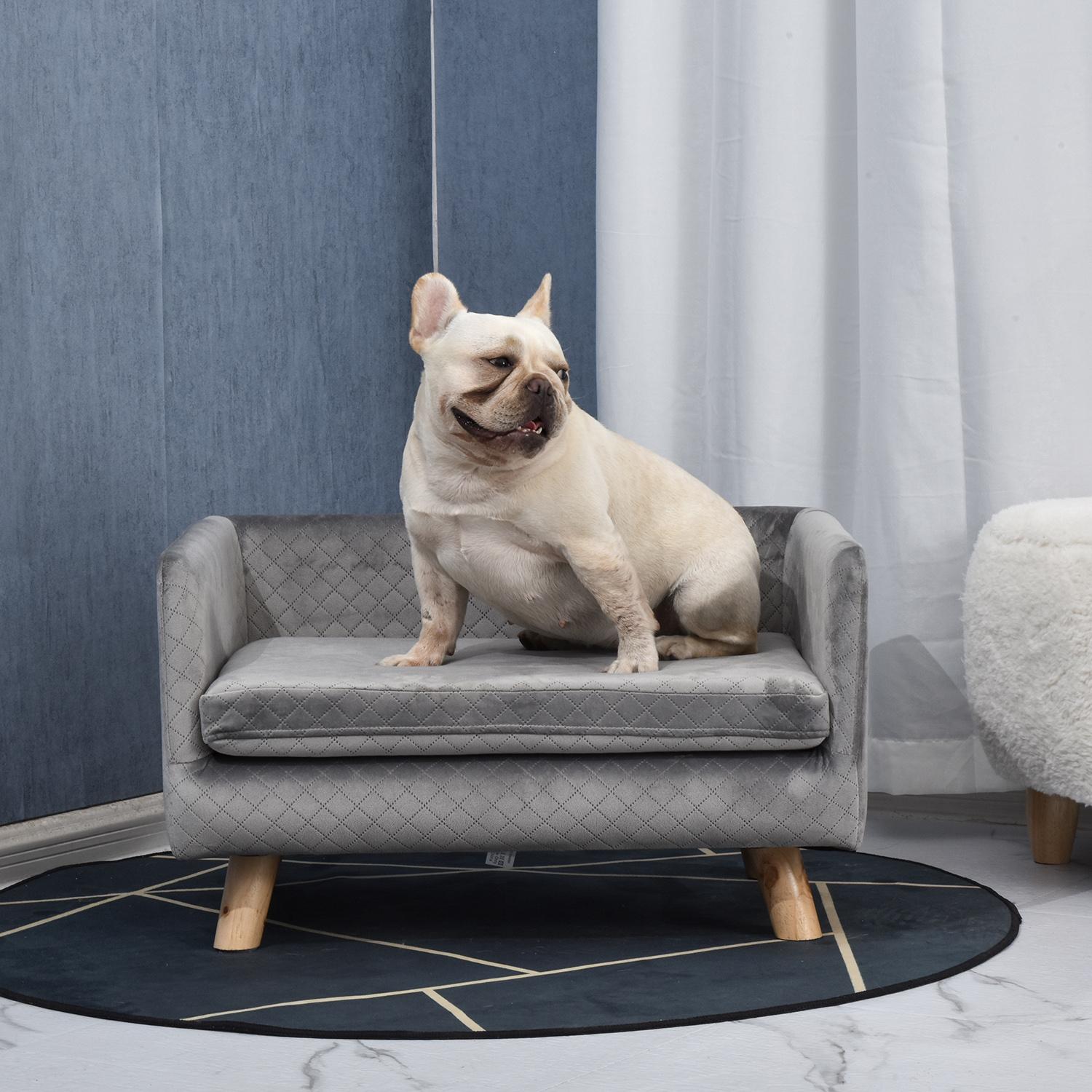 Canapé chien lit pour chien design scandinave coussin moelleux pieds bois massif dim. 64 x 45 x 36 cm velours gris