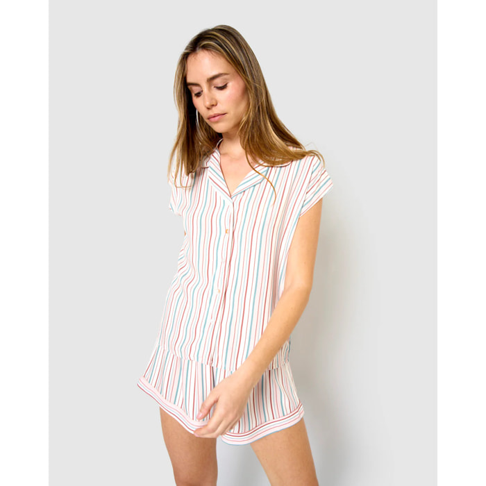 Pigiama corto a camicia in viscosa a righe rosa serene