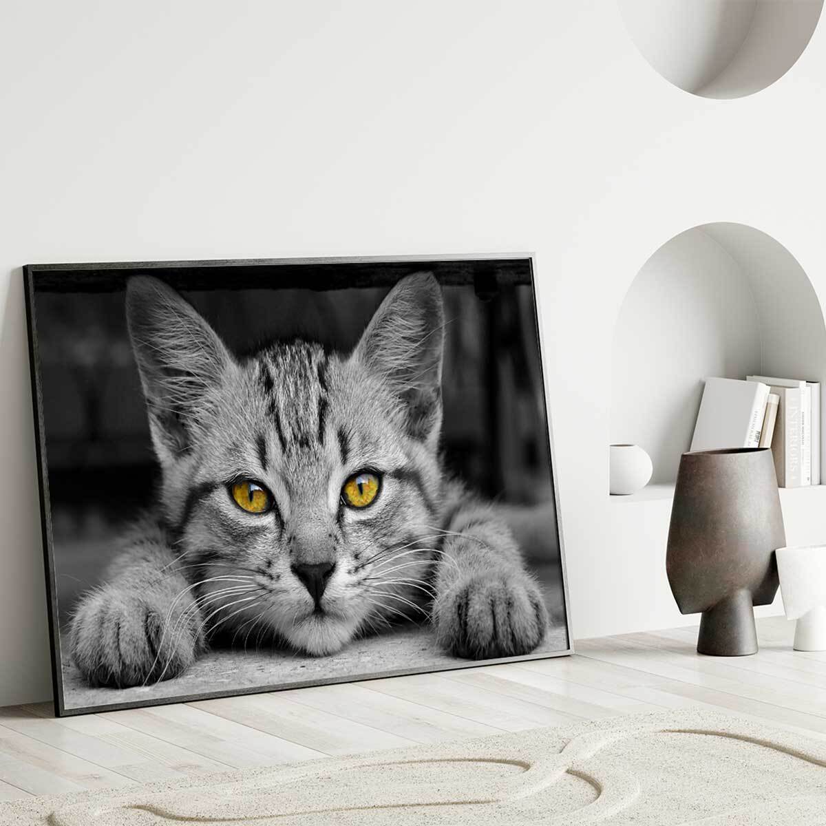 Affiche encadrée – Chat au regard doré, intensité et mystère Affiche + cadre en métal - Noir