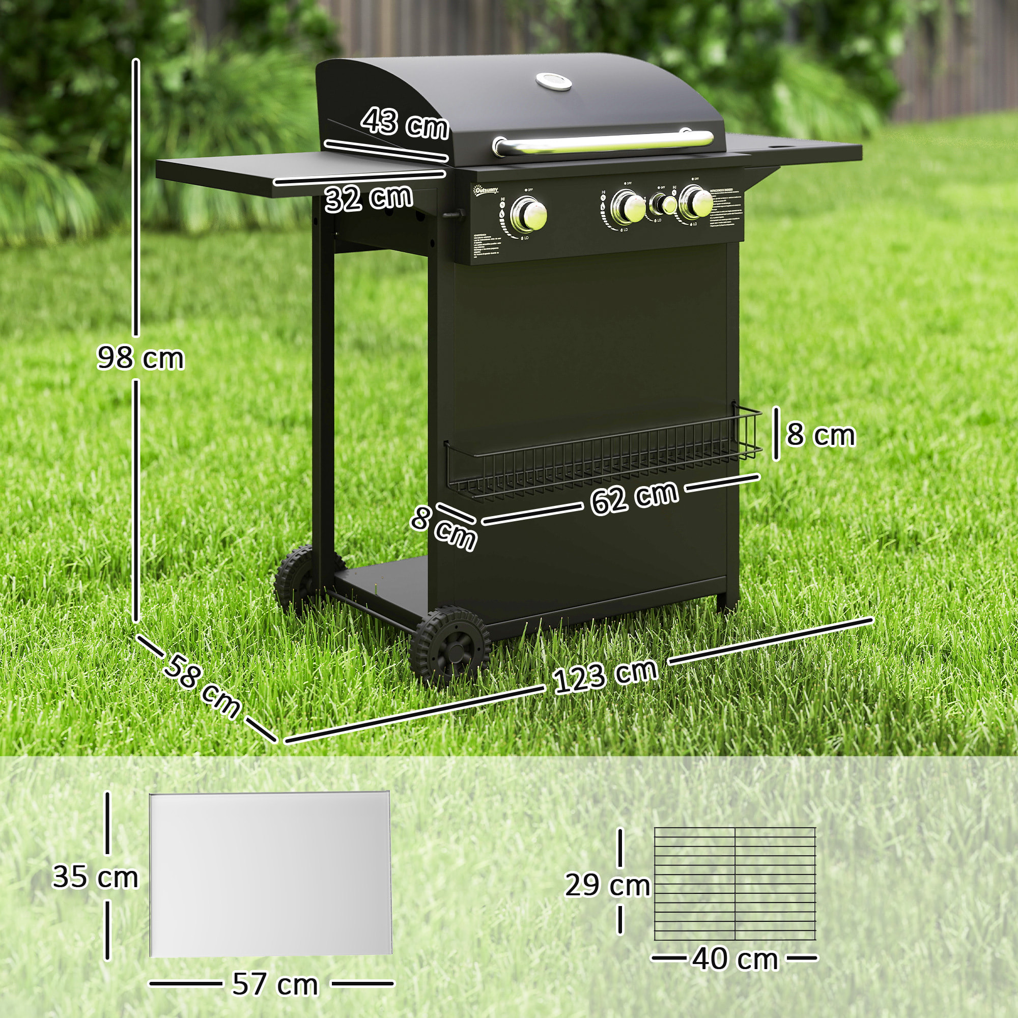 Outsunny Barbacoa de Gas BBQ Gas con 3+1 Quemadores 8,5 kW Barbacoa Portátil con Mesa Lateral Parrilla Termómetro 2 Ruedas Recogedor de Grasa para Exterior Jardín Camping Negro