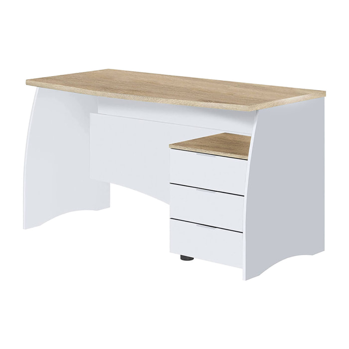 Scrivania Carrollton, Scrittoio da ufficio, Tavolo da studio porta PC con 3 cassetti, cm 136x67h74, Bianco e Rovere