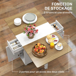 Table de cuisine rabattable - table à manger pliable 4-6 personnes - 2 tiroirs, placard - blanc effet bois