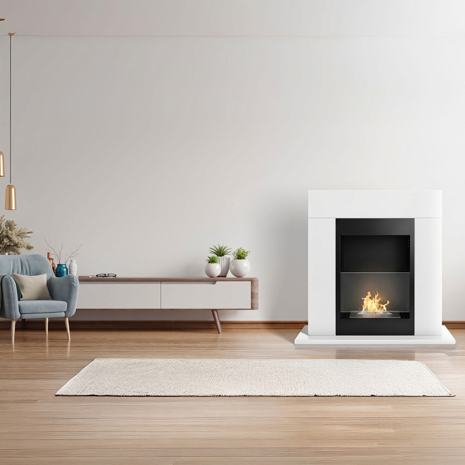 Marco Aurelio - Camino a bioetanolo da terra freestanding, biocamino da pavimento, 73x20xH75 cm colore bianco