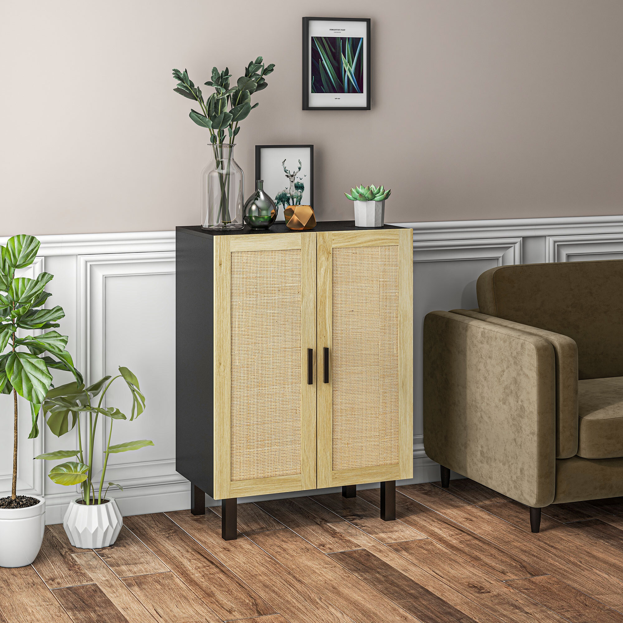 Buffet 2 portes 2 étagères réglables style bohème chic cannage en rotin panneaux aspect bois clair noir
