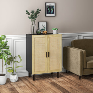 Buffet 2 portes 2 étagères réglables style bohème chic cannage en rotin panneaux aspect bois clair noir