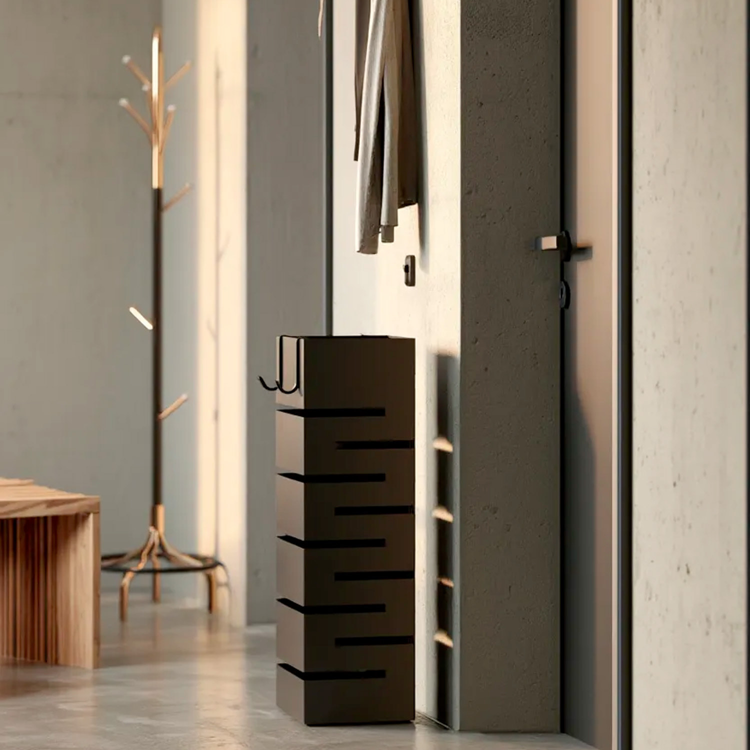 Portaombrelli In Acciaio Zincato Per Interno Esterno Con Vaschetta Scolapioggia 2 Ganci Removibili Base Antiscivolo 49 x 15.5 x 15.5 Cm Nero