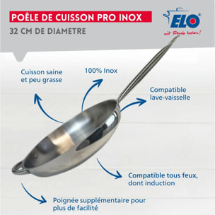 Poêle à frire 32 cm en inox 18/10 et couvercle en verre Elo Profi Therm