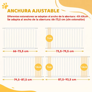 Barrera de Seguridad para Perros Pequeños Extensible 67-93,5 cm, Altura 45 cm, para Puertas y Escaleras, Puerta para Perros con Montaje a Presión, 2 Extensiones 7/14 cm, Blanco