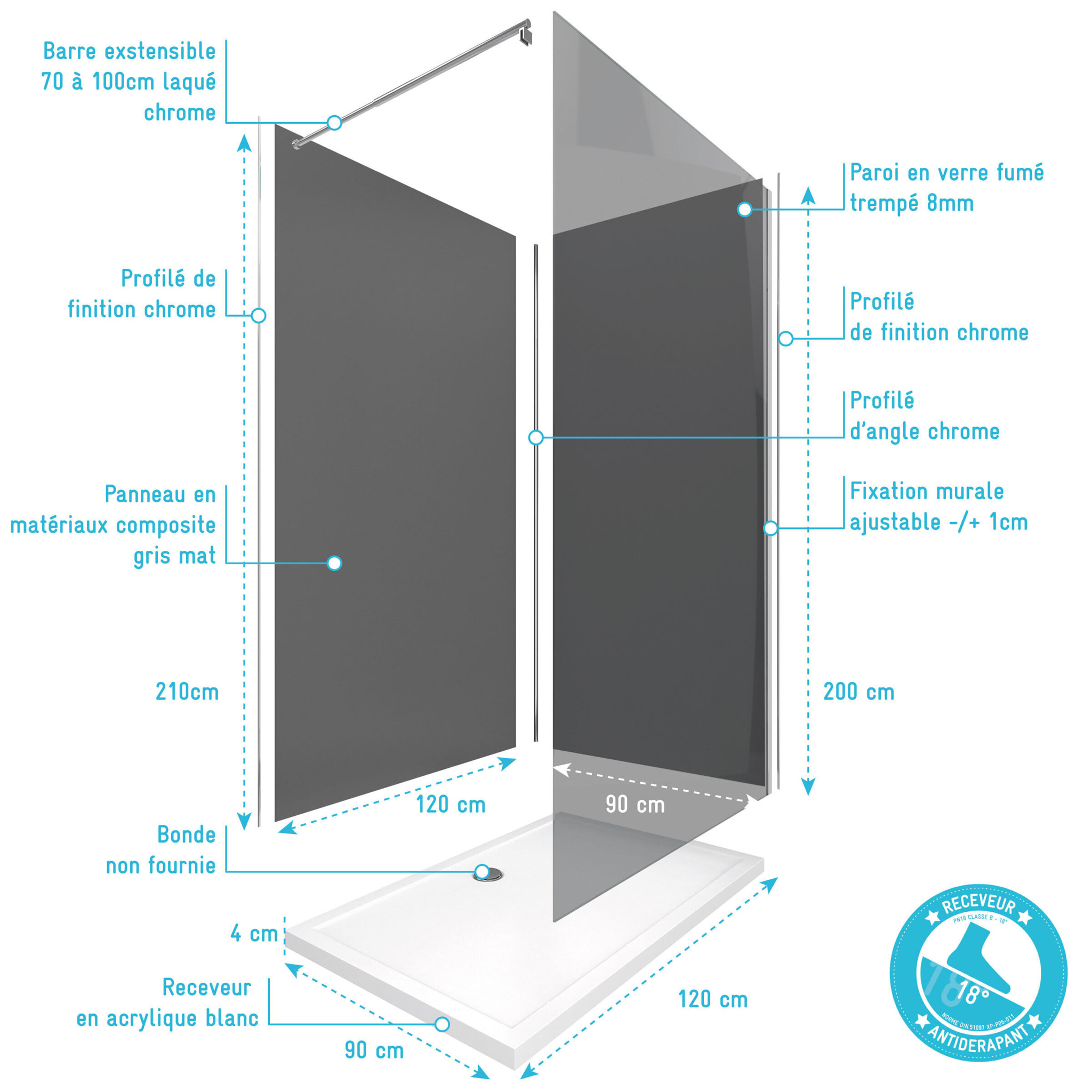 Pack Douche a l'Italienne 90x120 - Kit Panneaux Muraux Gris/Chrome + Receveur + Paroi Fumee 8 mm