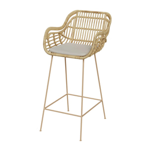 Chaise de bar en rotin, coussin en tissu et pieds en métal beige 71 cm - Chiloé