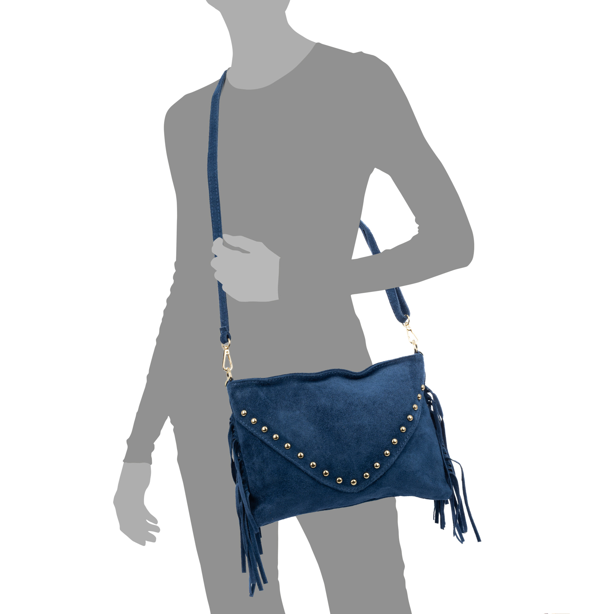 Bellegra Bolso de hombro Mujer. Piel auténtica Gamuza con detalles metálicos.