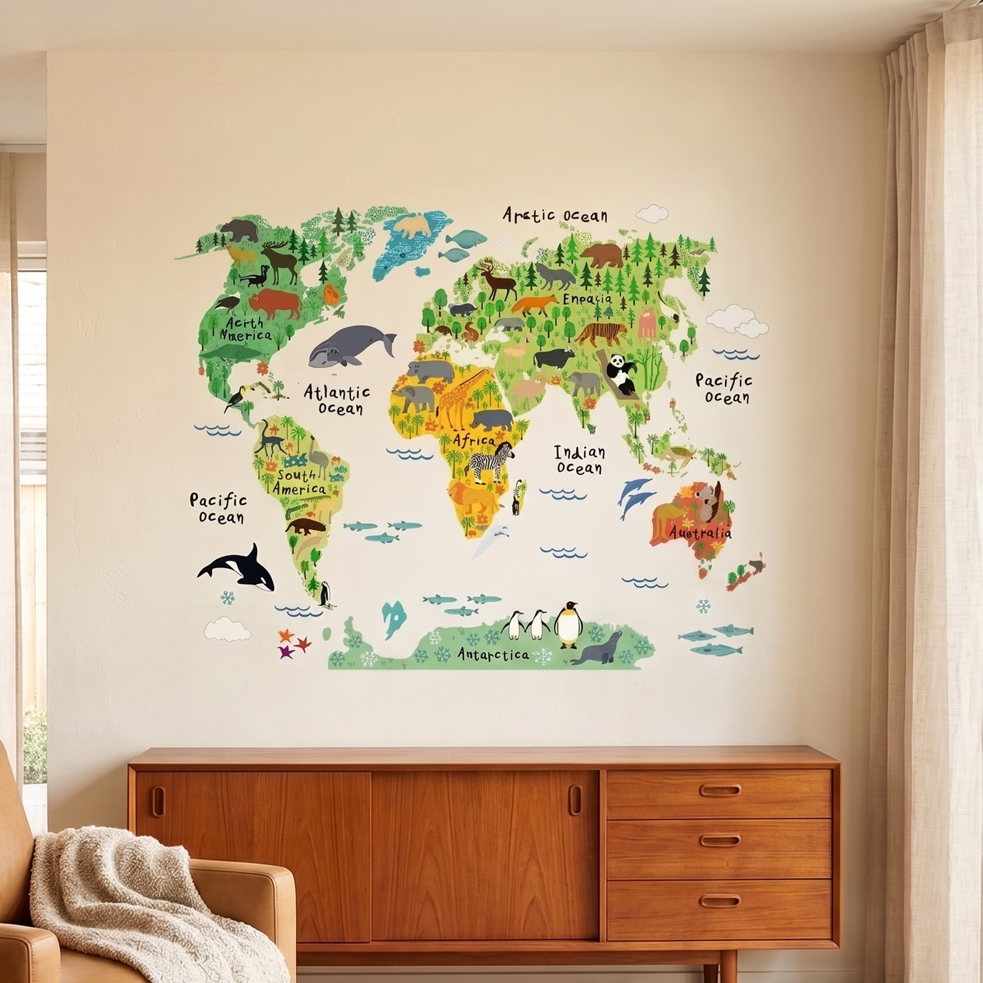 Stickers Muraux décoration adhésifs carte du monde pour enfants animaux du monde