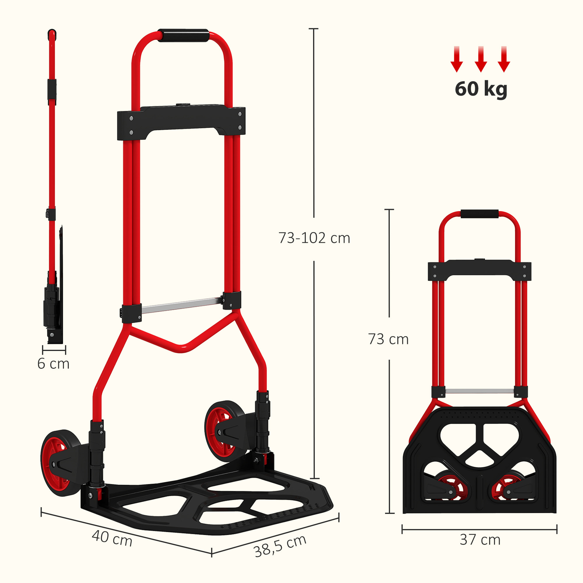 Carretilla Plegable con Mango Telescópico Ajustable, Carga 60 kg, Carretilla de Mano con Ruedas, para Garaje, Oficina, Equipaje, Viajes, Mudanzas y Compras, Rojo