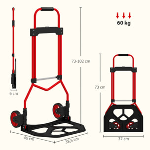 Carretilla Plegable con Mango Telescópico Ajustable, Carga 60 kg, Carretilla de Mano con Ruedas, para Garaje, Oficina, Equipaje, Viajes, Mudanzas y Compras, Rojo
