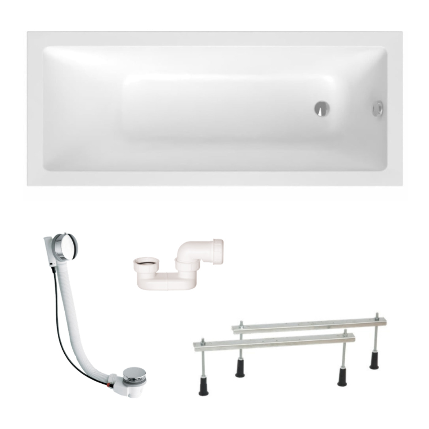 Aurum 170x70 cm baignoire rectangulaire en acrylique, gauche et droite, avec pieds + vidage + siphon, blanc (SATVAUR170-SET)