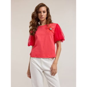 Motivi - Camiseta con broche joya y plumas - Rojo