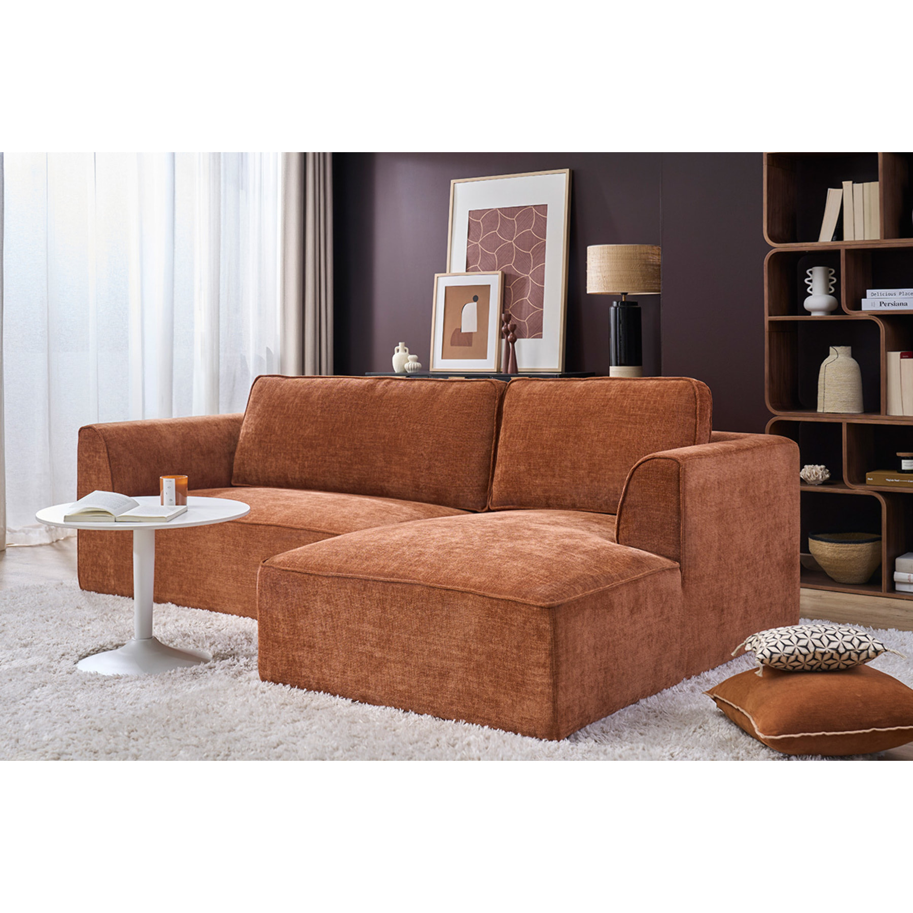 Canapé d'angle droit design en tissu effet velours texturé terre brûlée 3 places GRAMMY