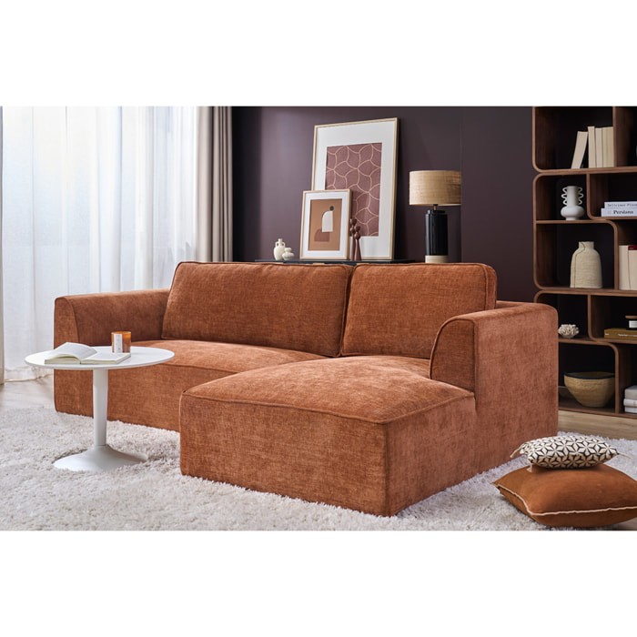 Canapé d'angle droit design en tissu effet velours texturé terre brûlée 3 places GRAMMY