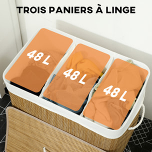 Panier à linge double 144L - corbeille à linge avec couvercle et poignées - tissage bambou naturel