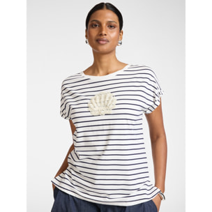 Elena Mirò - Camiseta de algodón a rayas con bordado - Blanco