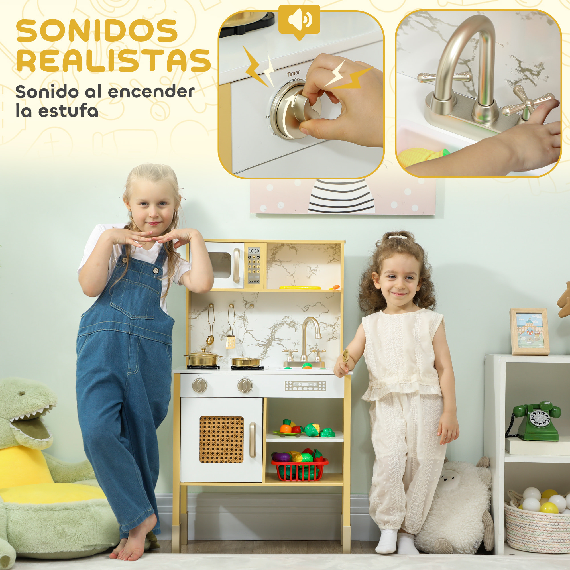 Cocina de Juguete de Madera con Sonido, Cocinita Infantil con Accesorios de Acero Inoxidable, Microondas, Horno, Fregadero, Verduras para Cortar, para Niños a Partir de 3 Años, Dorado