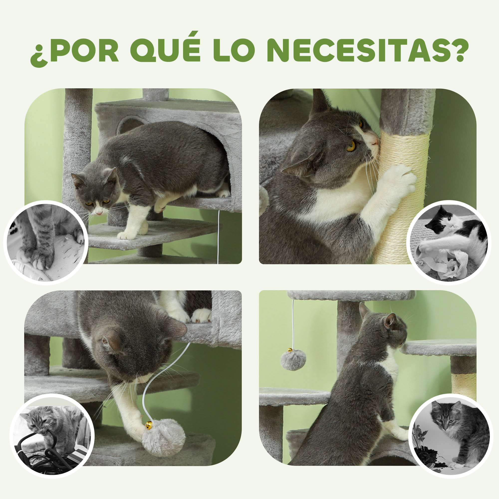 Rascador para Gatos Altura 138 cm Árbol para Gatos Torre de Escalada con Postes Rascadores de Sisal Plataformas Cuevas Bolas Colgantes y Hamacas Gris Claro