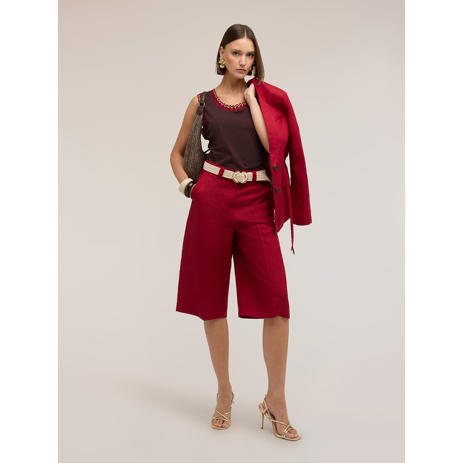 Motivi - Top in jersey con bordo in maglia - Marrone