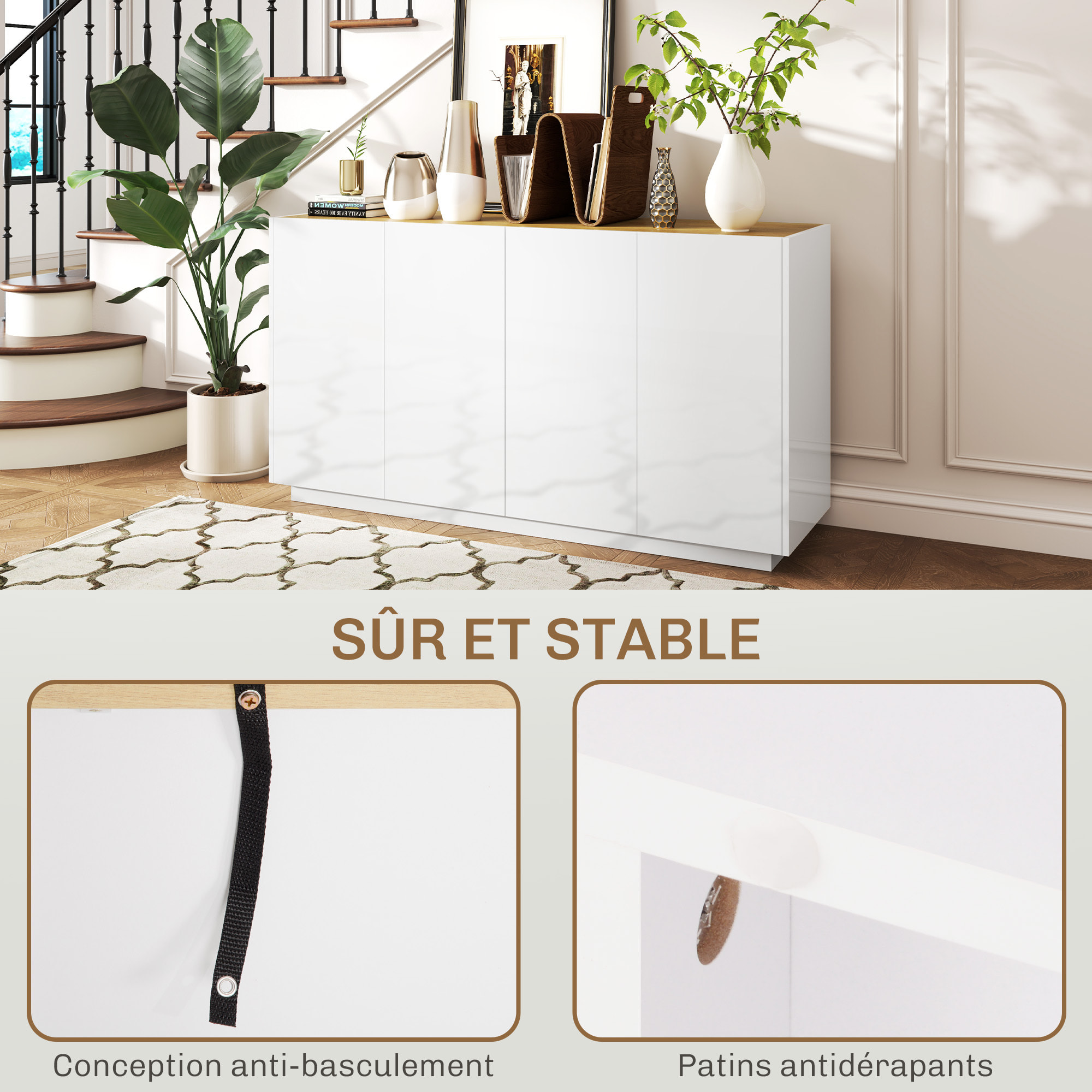 Buffet design contemporain blanc laqué plateau aspect bois clair - dim. 140L x 40l x 75H cm - 4 portes, 2 étagères
