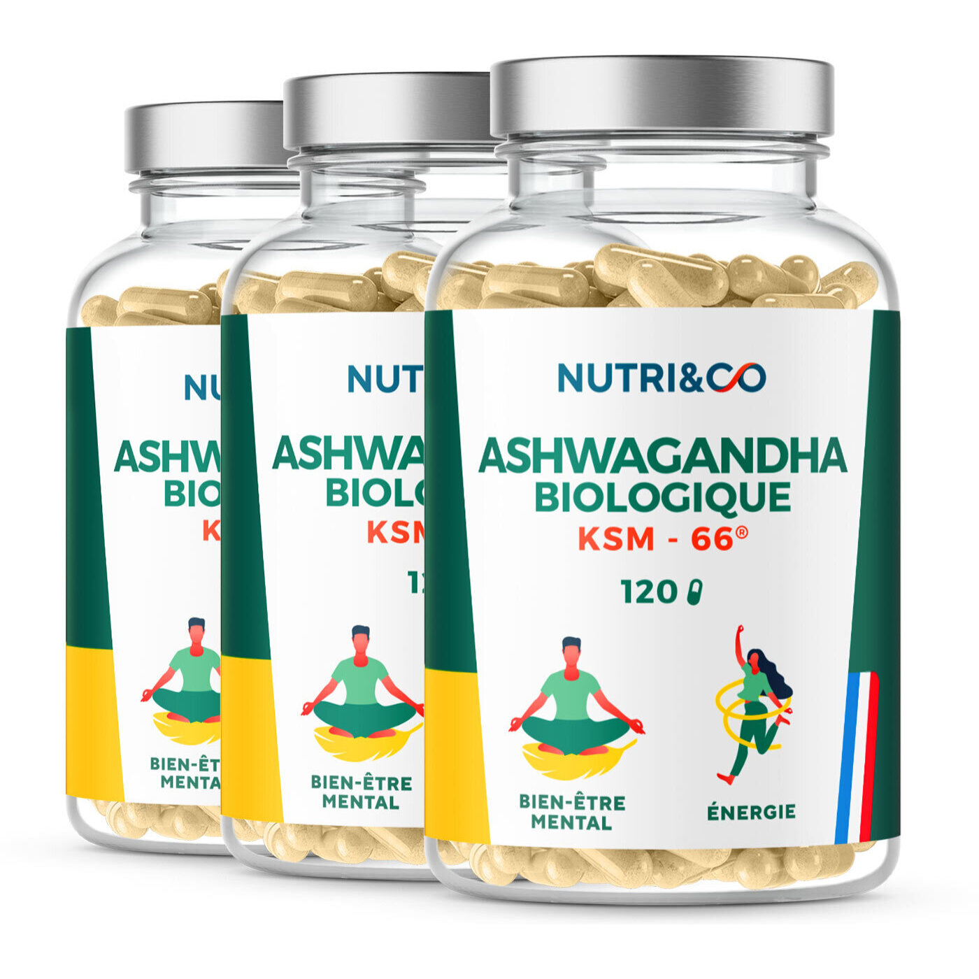 Ashwagandha Bio KSM-66® Stress Sommeil & Musculation - 120 gélules Vegan - Lot de 3