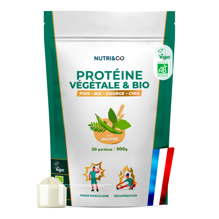 Nutri&Co Protéine Vegétale & Bio - 4 Sources : Pois, Riz, Chia et Courge - 500g goût Neutre