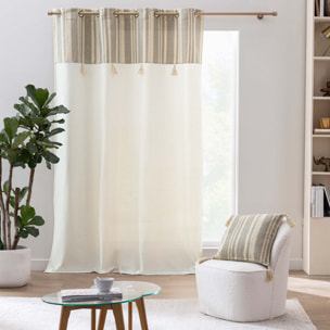 Rideau à œillets polycoton avec top à rayures métallisé et pompons - Naturel