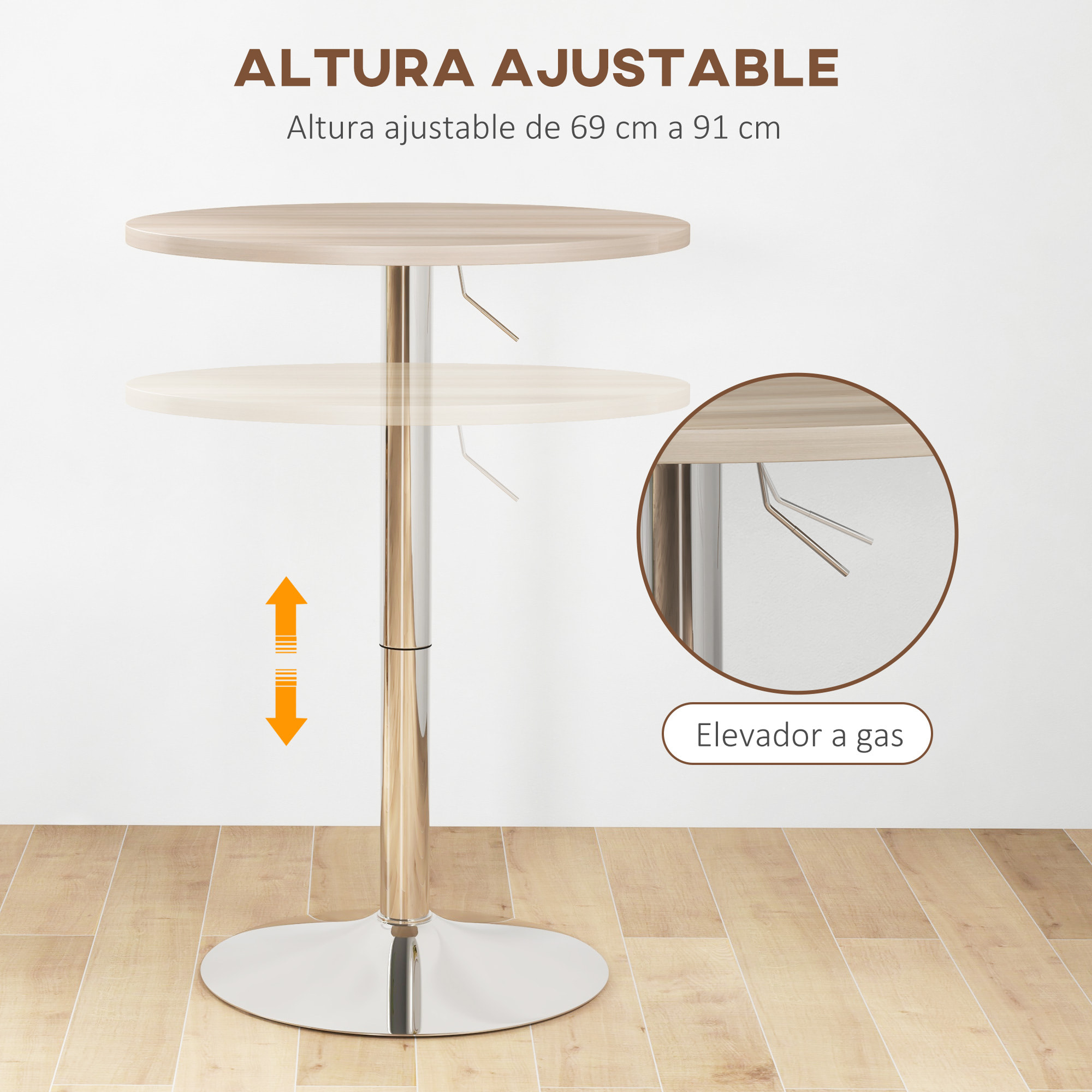 Mesa Alta Cocina, Mesa Alta Bar Redonda para 2 Personas, Altura Ajustable 69-91 cm, Tablero Giratorio 360°, Base de Acero, para Salón, Comedor, Cocina, 60x60x91 cm, Roble Claro