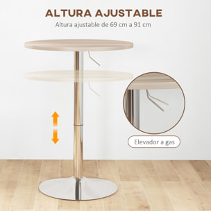 Mesa Alta Cocina, Mesa Alta Bar Redonda para 2 Personas, Altura Ajustable 69-91 cm, Tablero Giratorio 360°, Base de Acero, para Salón, Comedor, Cocina, 60x60x91 cm, Roble Claro
