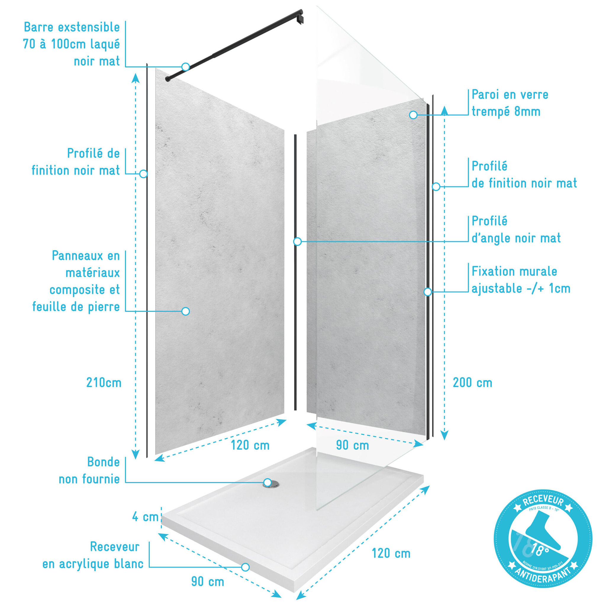 Pack Panneaux Muraux Light Grey 90+120x210 - Receveur 120x90 - Paroi 120x200 - Profils et Bras NOIR