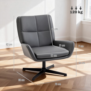 Sillón Giratorio, Butaca de Salón Tapizado en PU, Sillón Lectura con Asiento Acolchado, Reposabrazos, Patas Metálicas, para Sala de Estar, Dormitorio, Gris