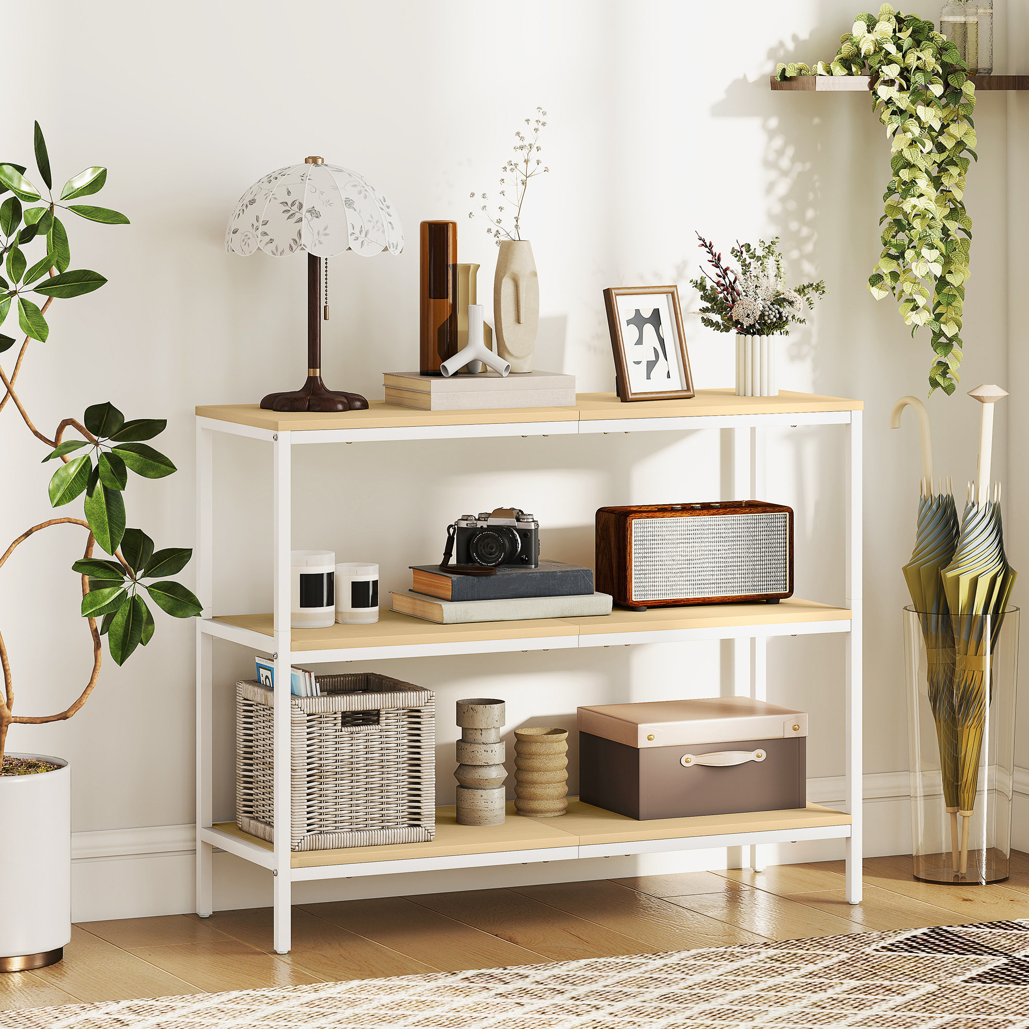 Mesa de Consola Estrecha Consola de Recibidor Mesa de Recibidor Moderna con 3 Estantes Abiertos y Patas de Metal para Pasillo Entrada Salón Dormitorio Natural y Blanco