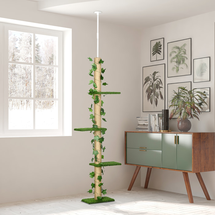 Árbol para Gatos del Suelo al Techo 37x21x202-242 cm Torre para Gatos con Altura Ajustable 4 Plataformas de Césped Artificial Hojas Artificiales y Poste de Yute Verde