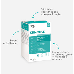 ISN - Keraforce - Complément alimentaire à base de Kératine, Levure de bière, Vitamines - Nourrit les cheveux et les ongles - Améliore la résistance et la beauté - Cure 30 jours