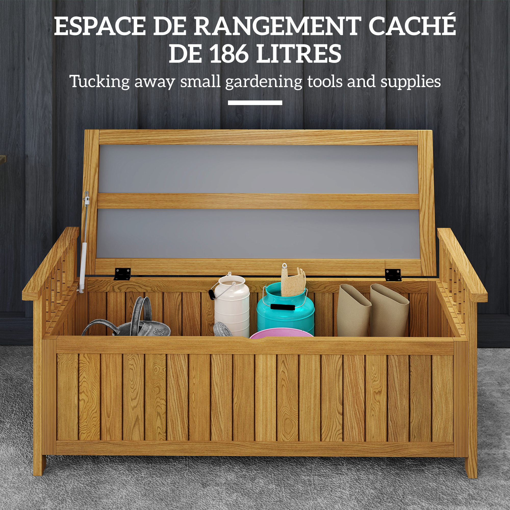 Banc de jardin avec coffre de rangement 186L - accoudoirs - dim. 128 x 56 x 53 cm - habillage PVC bois de sapin pré-huilé
