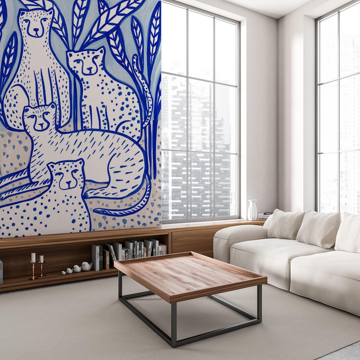 Papier peint léopards stylisés bleu et blanc esprit illustration Intissé